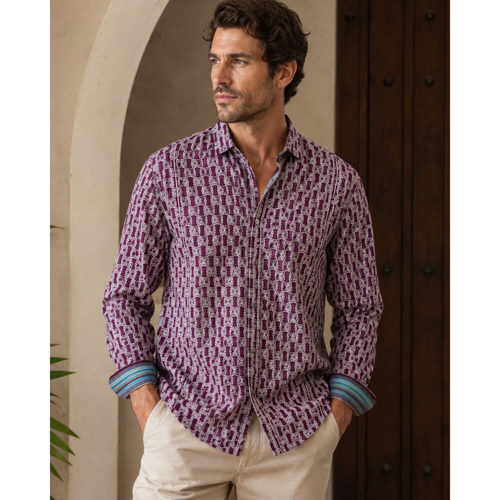 Robert Graham Men's Purple White Dress Shirt Raised Pattern XL